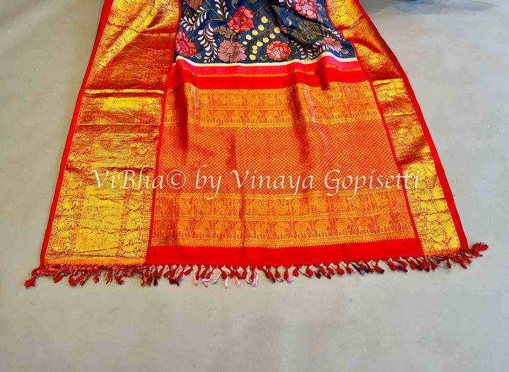 Indigo Blue & Red Pen Kalamkari Kanchi Silk Saree and Blouse