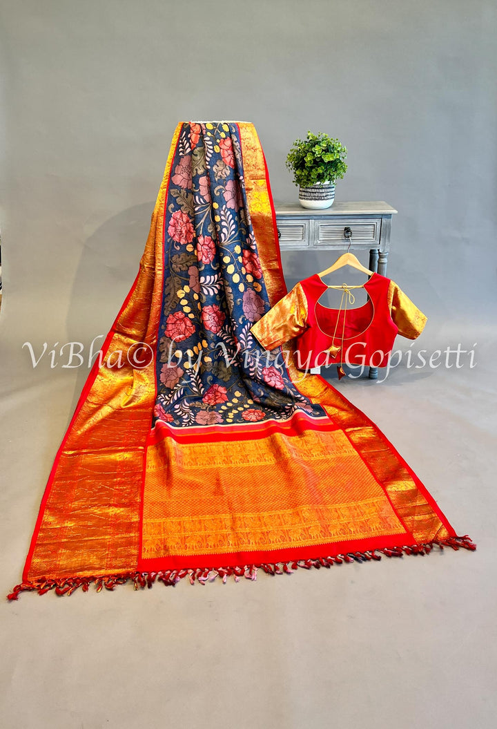 Indigo Blue & Red Pen Kalamkari Kanchi Silk Saree and Blouse