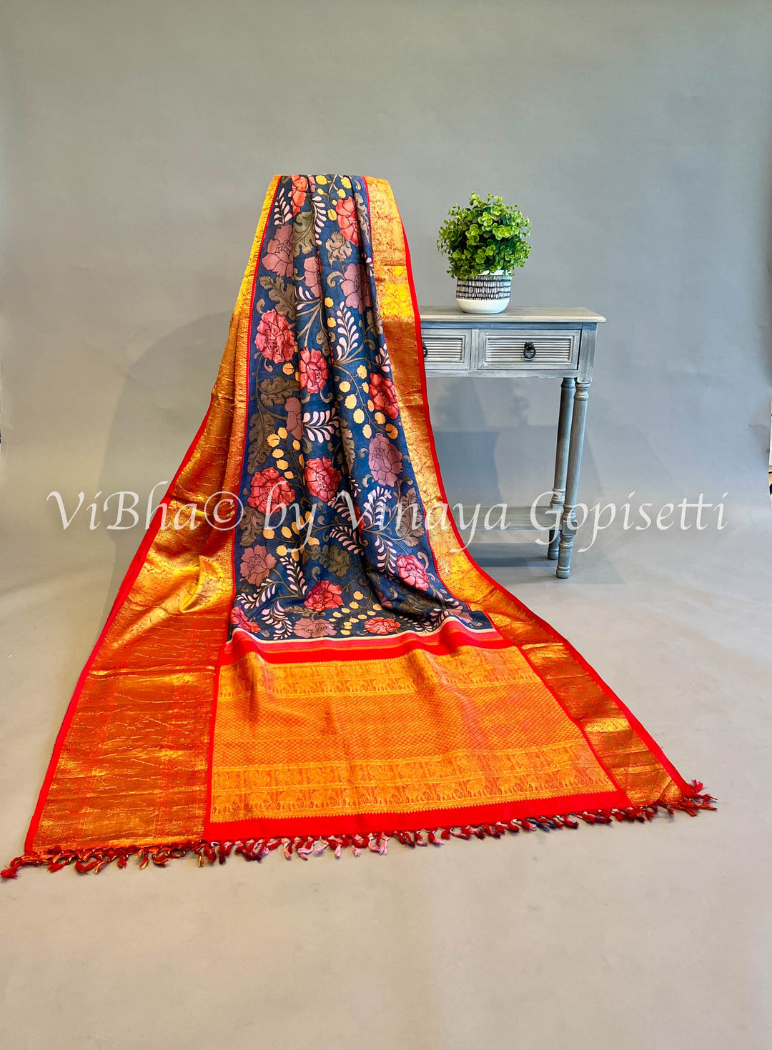 Indigo Blue & Red Pen Kalamkari Kanchi Silk Saree and Blouse