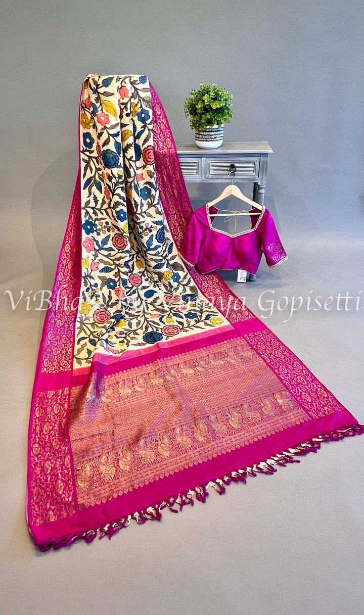 Offwhite and Pink Border Kanchi Pen Kalamkari Silk Saree and Blouse.