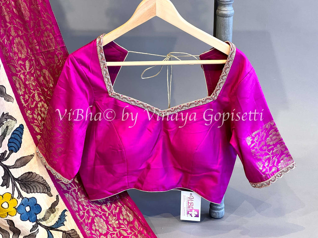 Offwhite and Pink Border Kanchi Pen Kalamkari Silk Saree and Blouse.