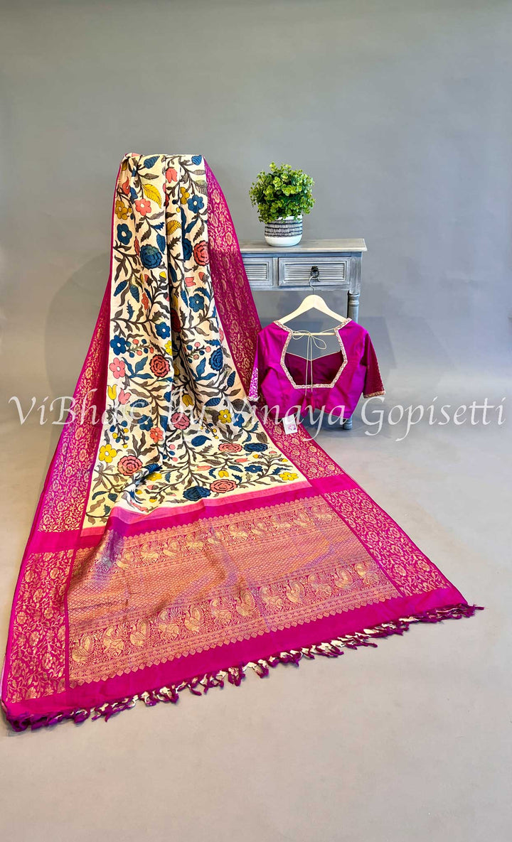 Offwhite and Pink Border Kanchi Pen Kalamkari Silk Saree and Blouse.