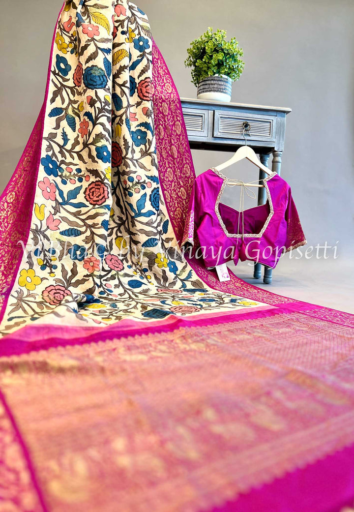 Offwhite and Pink Border Kanchi Pen Kalamkari Silk Saree and Blouse.