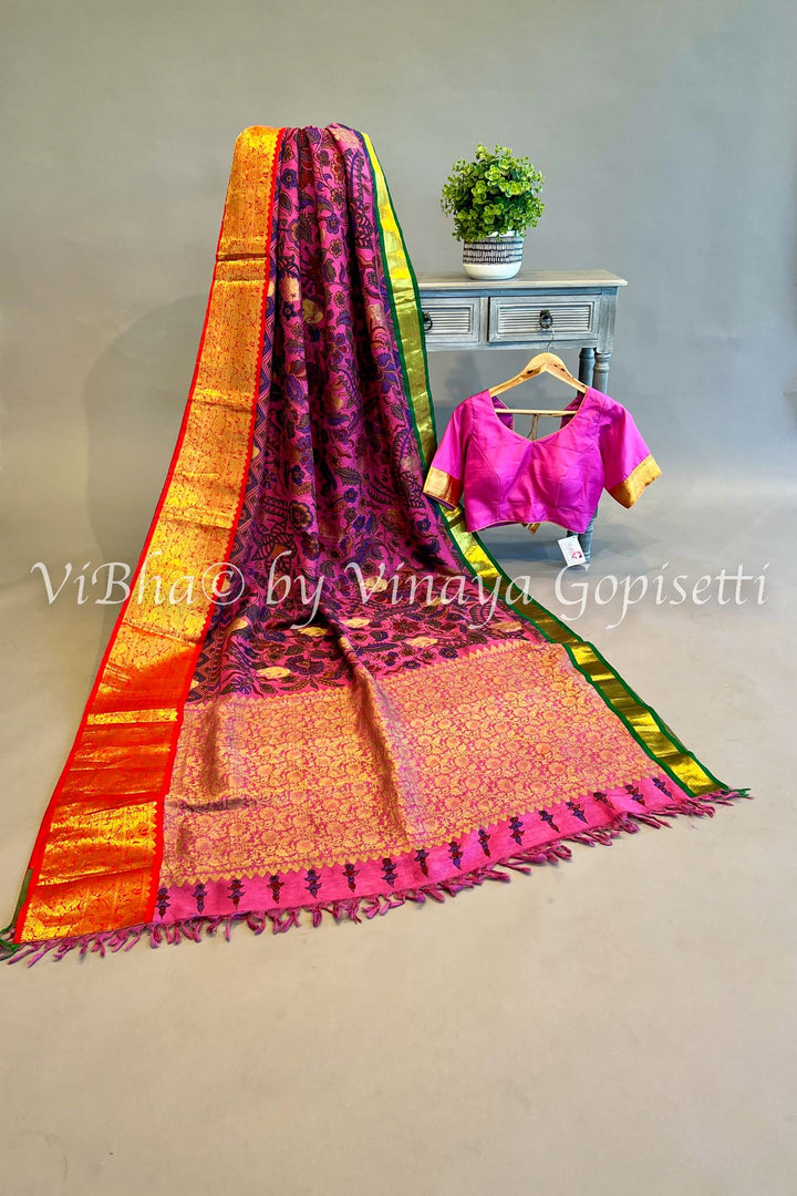 Pink Pen Kalamkari Silk Saree with Green and Red Ganga Jamuna borders and Blouse.