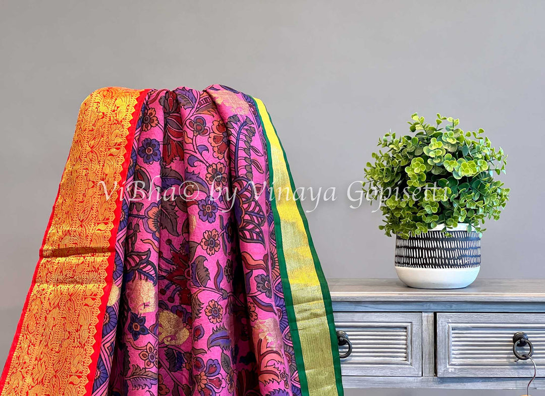 Pink Pen Kalamkari Silk Saree with Green and Red Ganga Jamuna borders and Blouse.