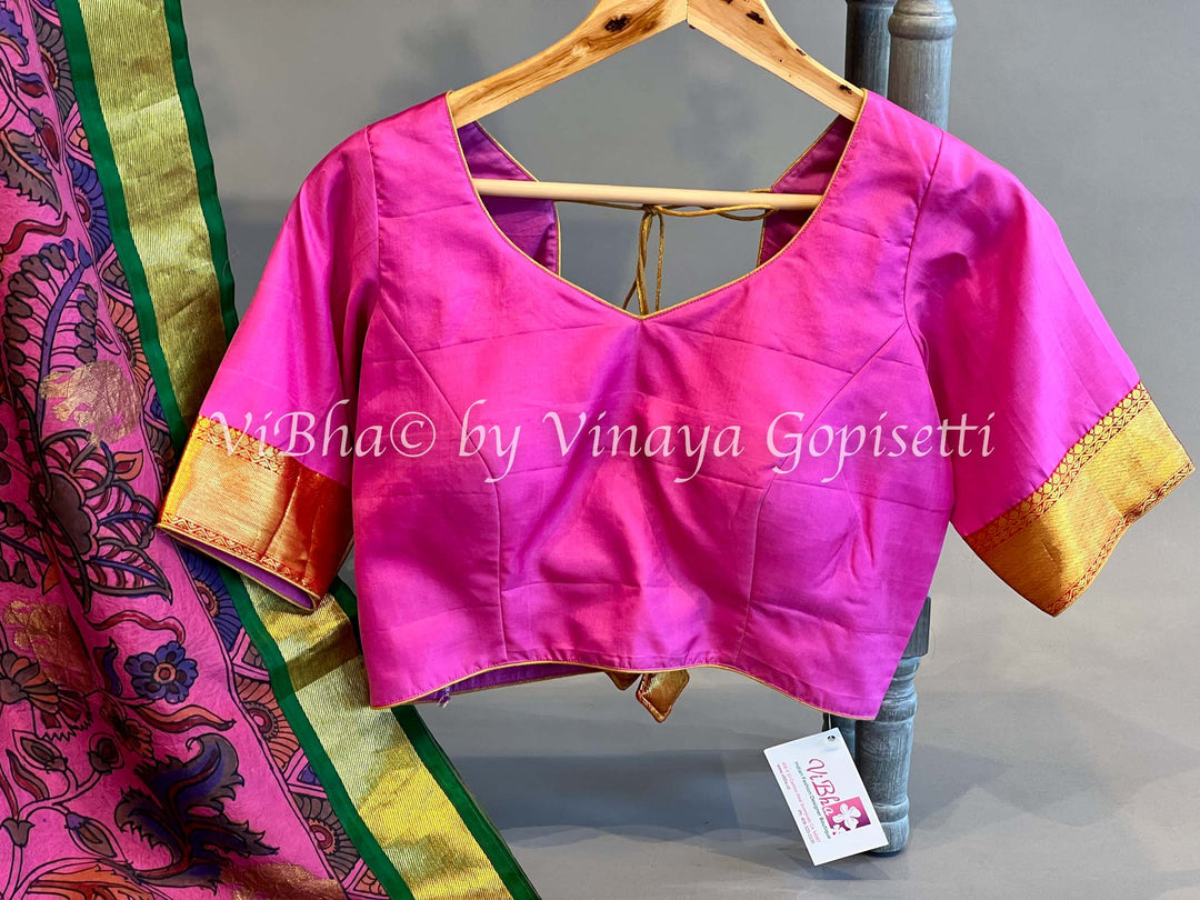 Pink Pen Kalamkari Silk Saree with Green and Red Ganga Jamuna borders and Blouse.