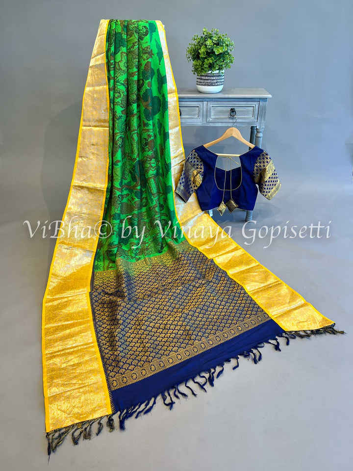 Green Kanchi Pen Kalamkari Saree and Blouse With Yellow And Blue Borders