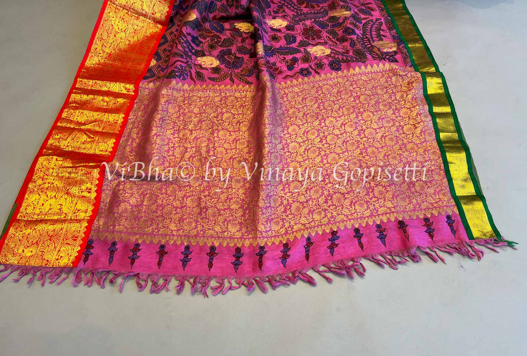 Pink Pen Kalamkari Silk Saree with Green and Red Ganga Jamuna borders and Blouse.