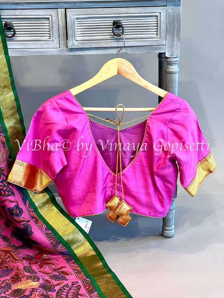 Pink Pen Kalamkari Silk Saree with Green and Red Ganga Jamuna borders and Blouse.