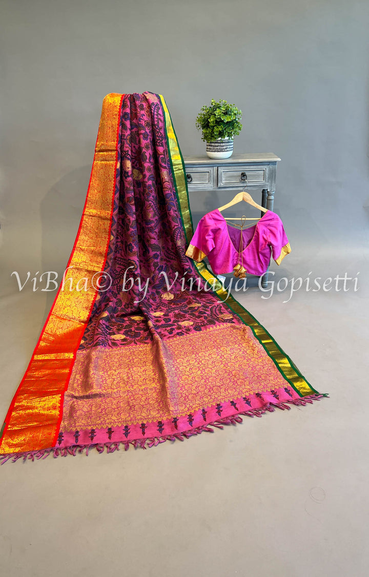 Pink Pen Kalamkari Silk Saree with Green and Red Ganga Jamuna borders and Blouse.