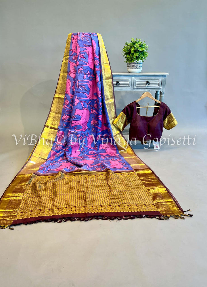 Indigo & Brown Pen Kalamkari Kanchi Silk Saree and Blouse.