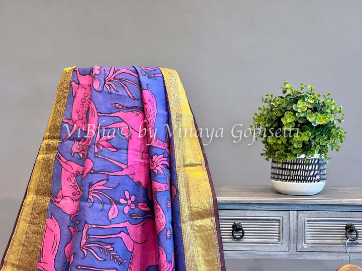 Indigo & Brown Pen Kalamkari Kanchi Silk Saree and Blouse.