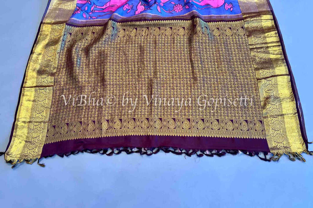 Indigo & Brown Pen Kalamkari Kanchi Silk Saree and Blouse.