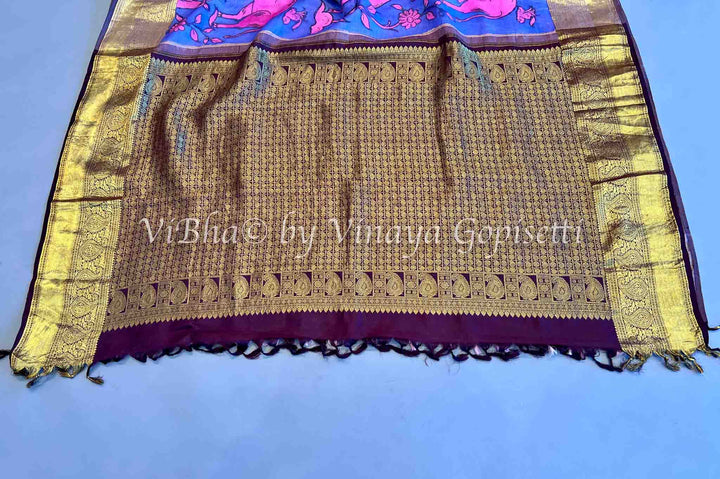 Indigo & Brown Pen Kalamkari Kanchi Silk Saree and Blouse.