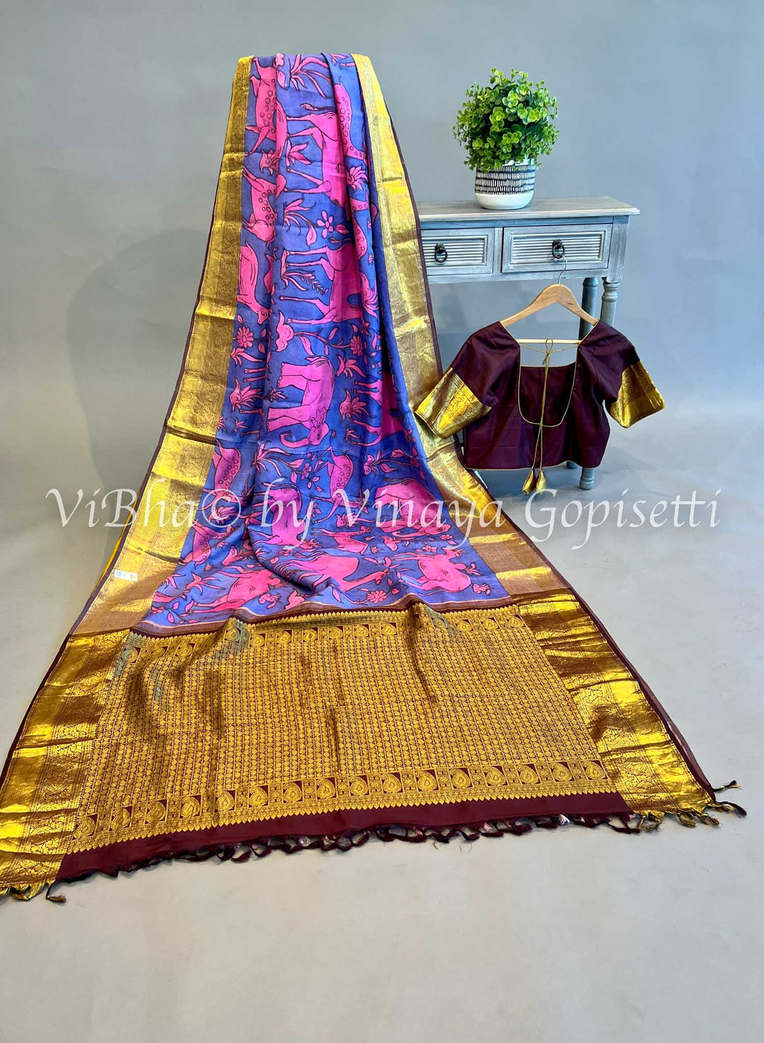 Indigo & Brown Pen Kalamkari Kanchi Silk Saree and Blouse.