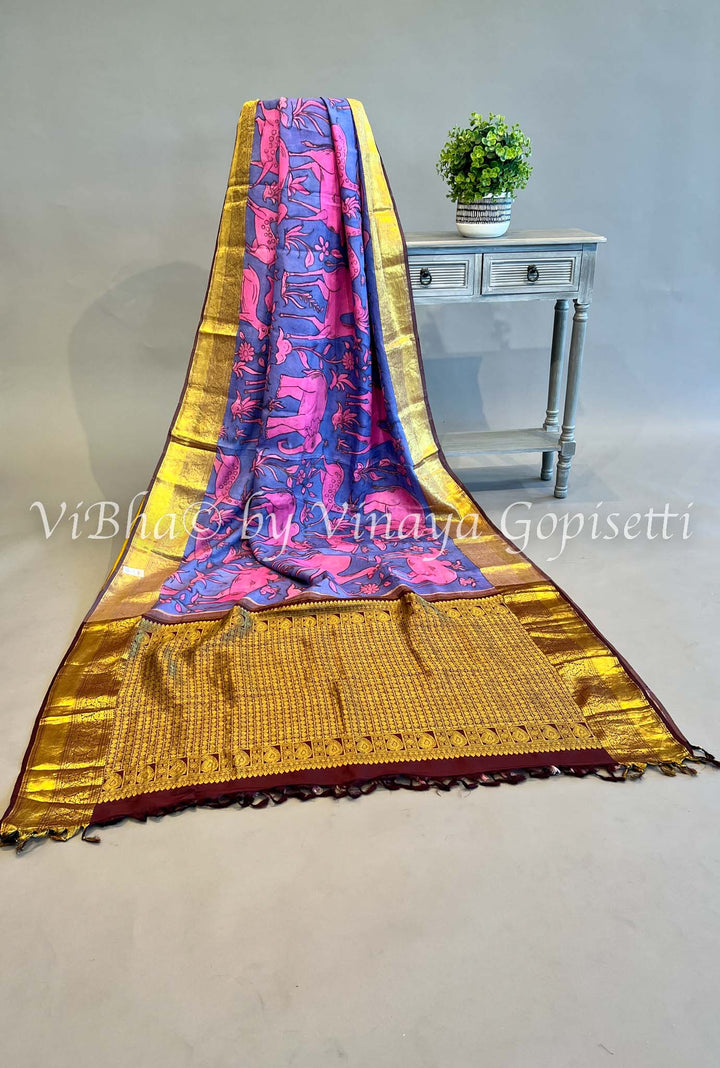 Indigo & Brown Pen Kalamkari Kanchi Silk Saree and Blouse.