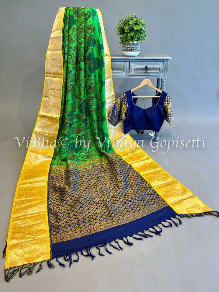 Green Kanchi Pen Kalamkari Saree and Blouse With Yellow And Blue Borders