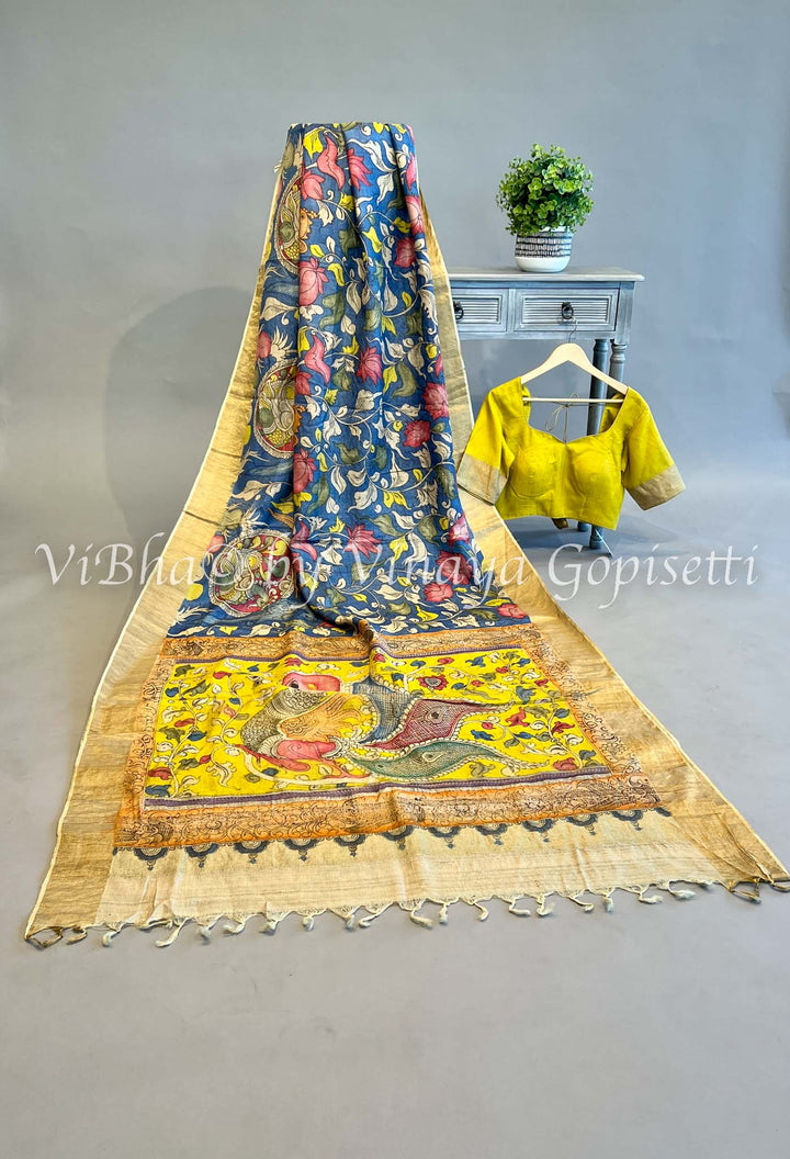 Indigo Blue And Yellow Tussar Silk Saree and Blouse.