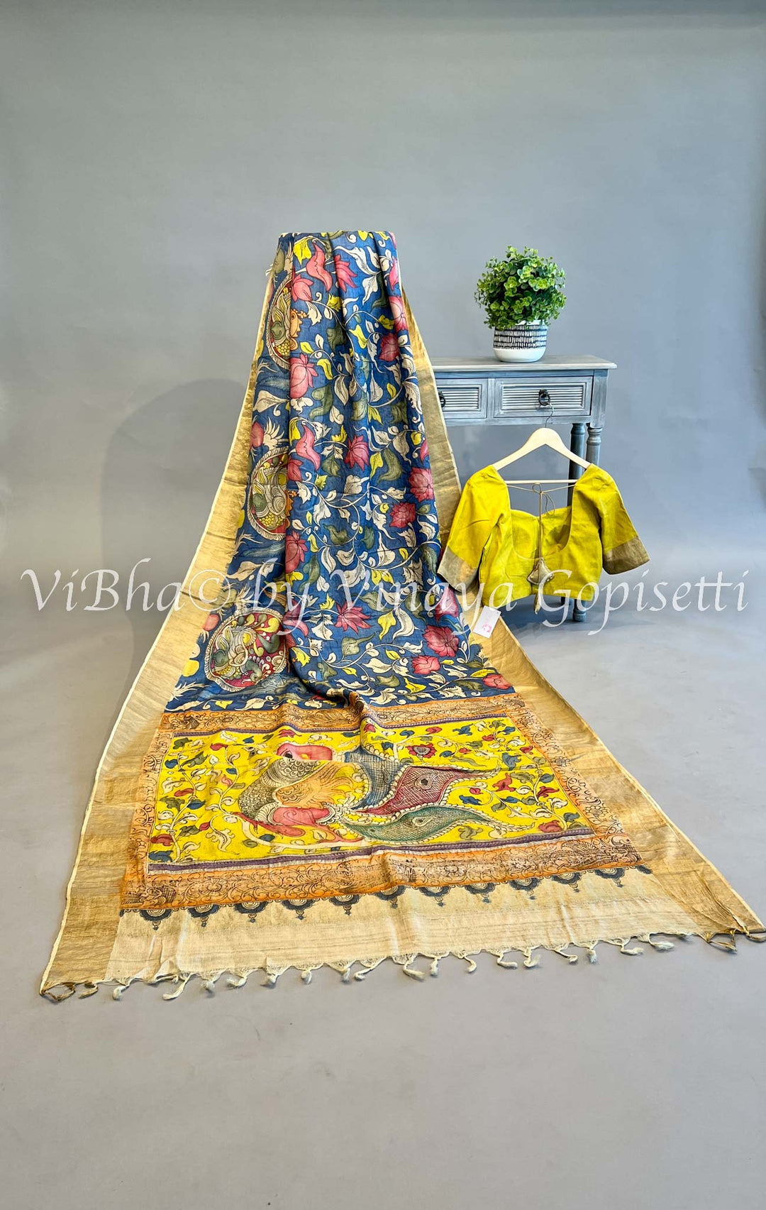 Indigo Blue And Yellow Tussar Silk Saree and Blouse.