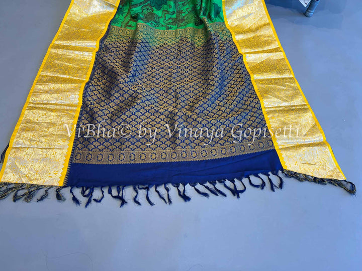 Green Kanchi Pen Kalamkari Saree and Blouse With Yellow And Blue Borders