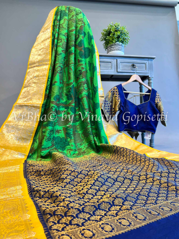 Green Kanchi Pen Kalamkari Saree and Blouse With Yellow And Blue Borders