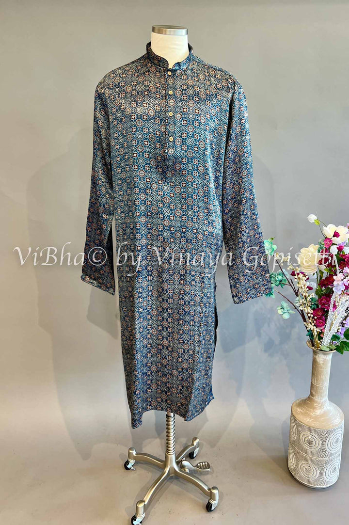 Indigo Blue Gaji Silk Kurta