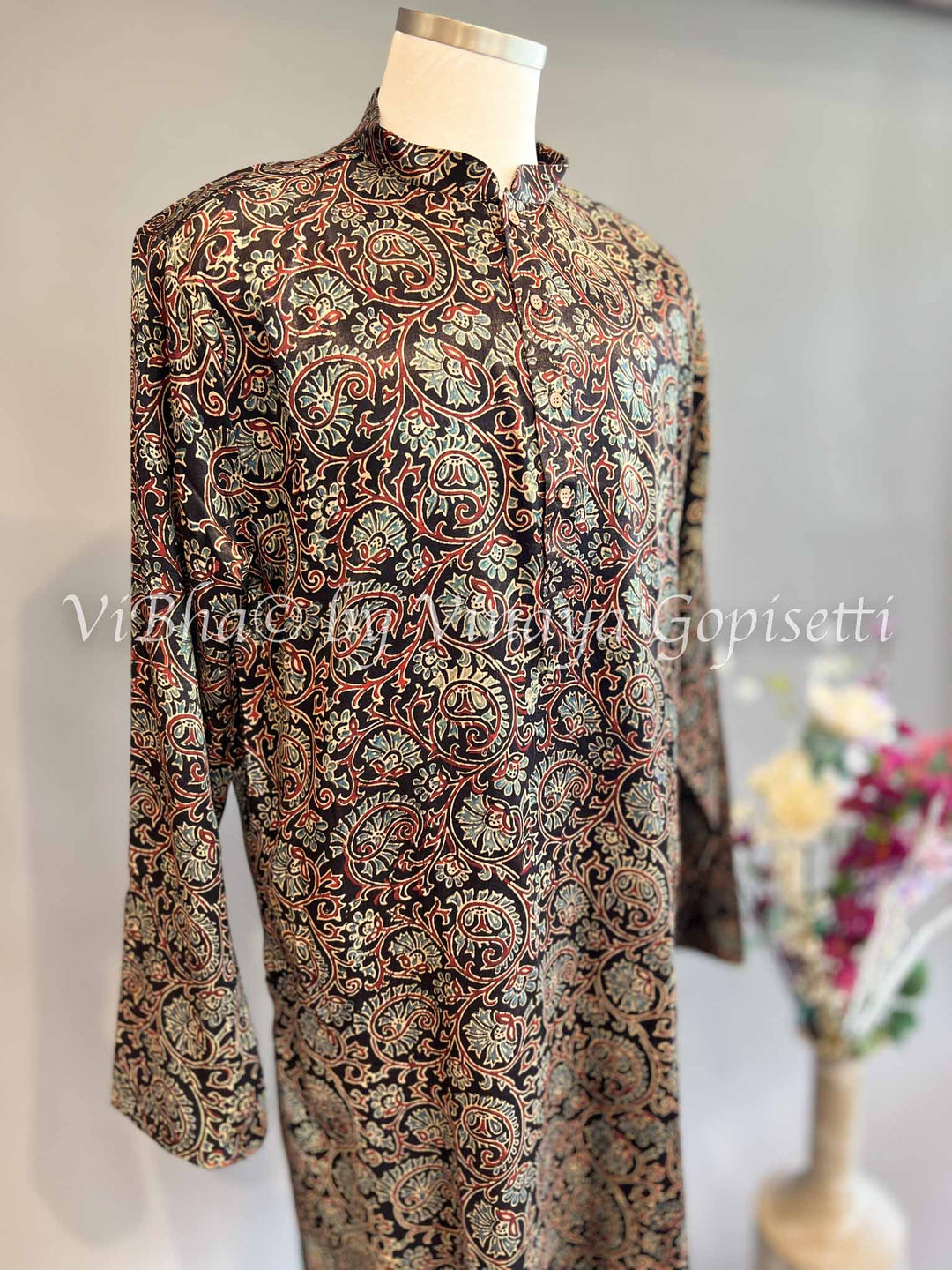 Black And Indigo Gaji Silk Kurta