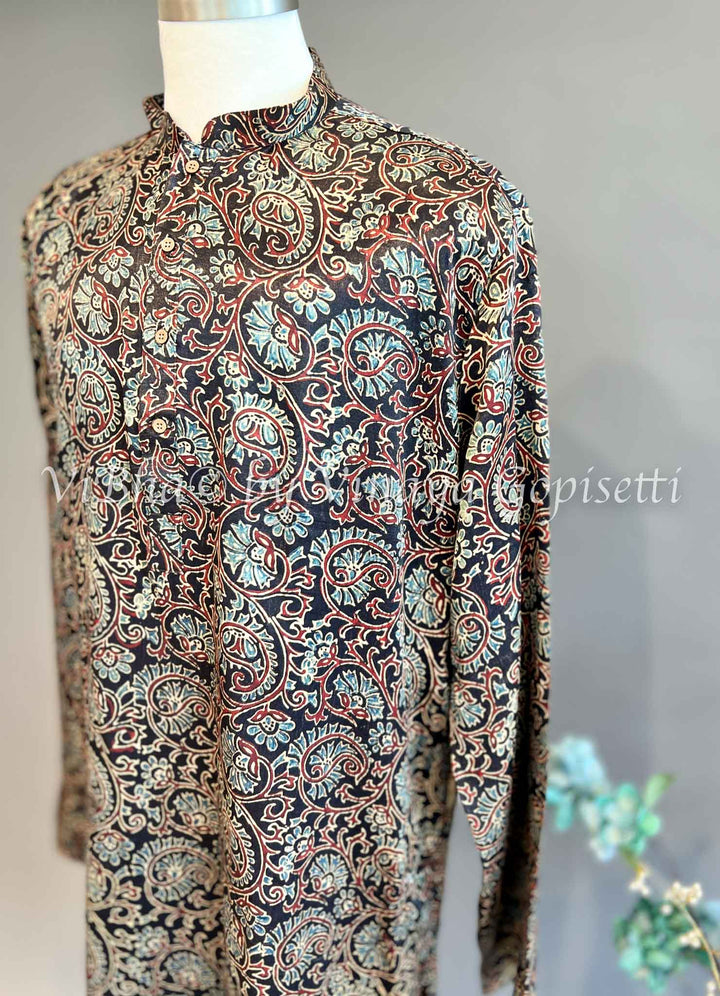 Black And Indigo Gaji Silk Kurta