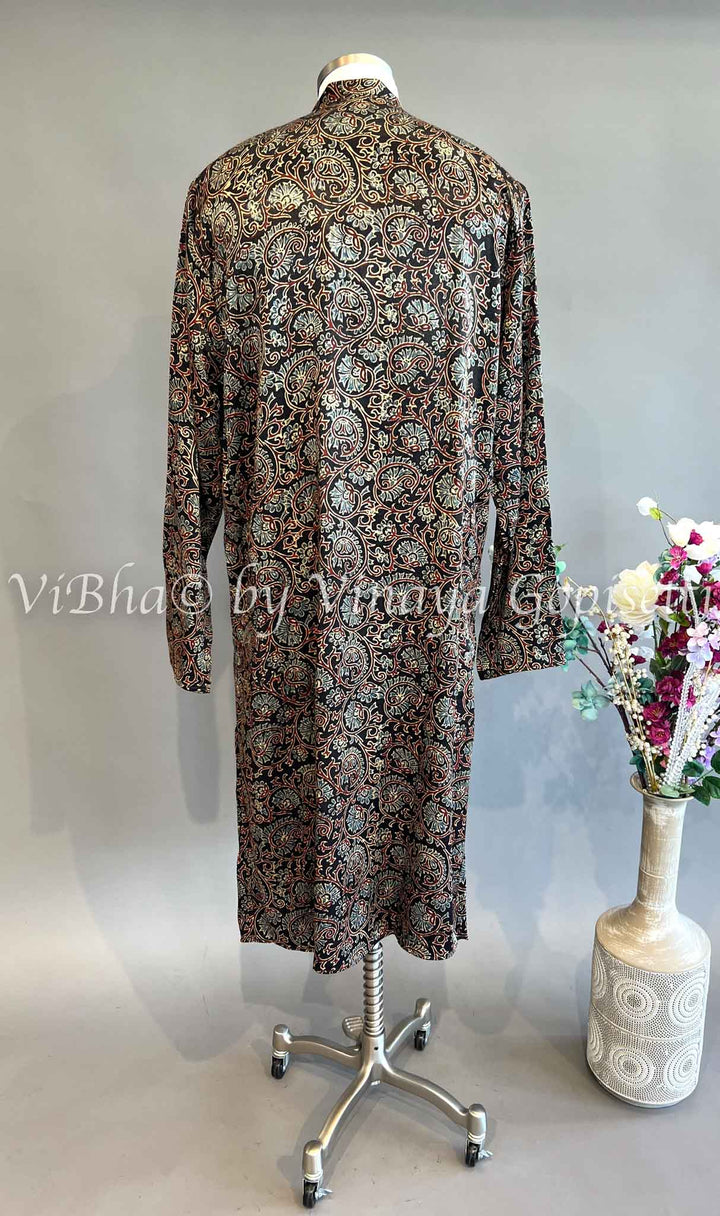 Black And Indigo Gaji Silk Kurta