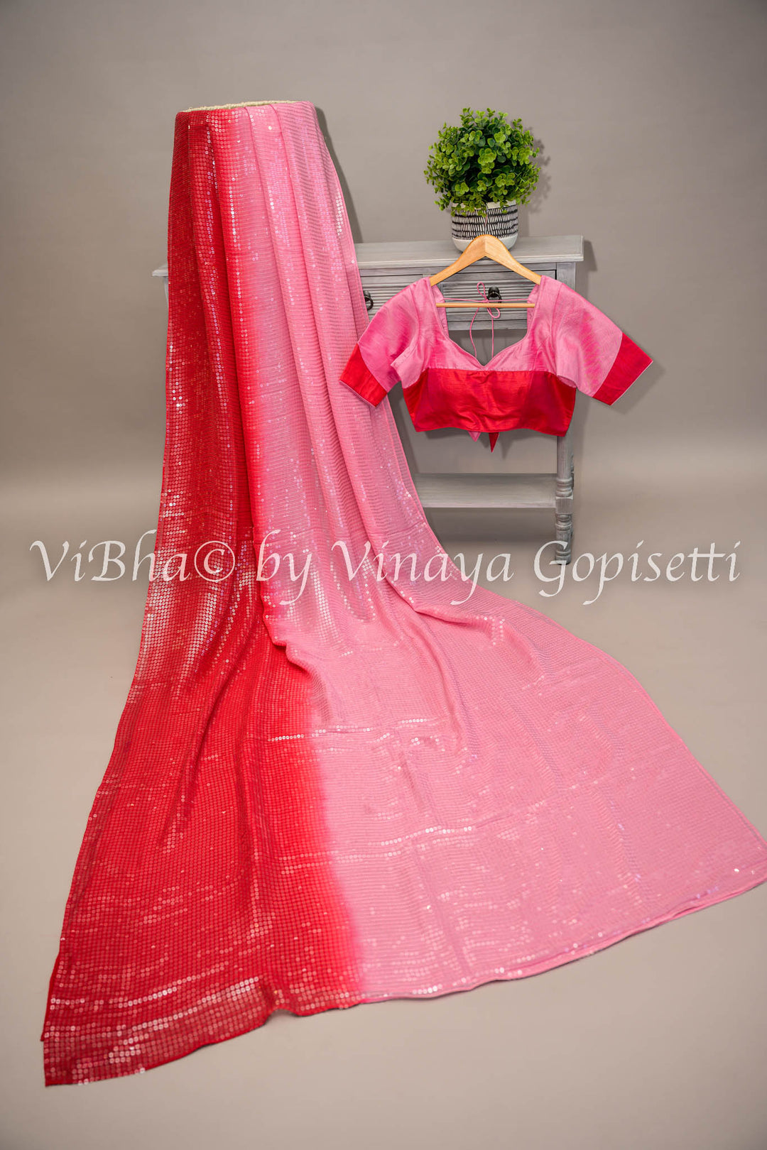 Pink And Red Sequins shaded Saree with Blouse