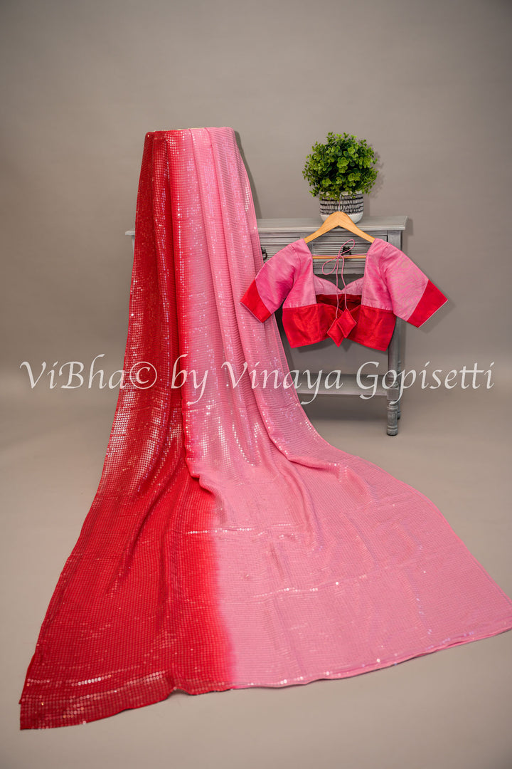 Pink And Red Sequins shaded Saree with Blouse