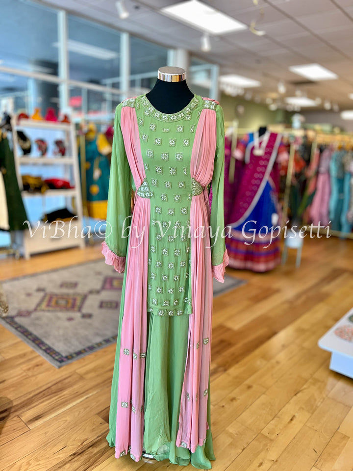 Parrot Green And Peach Sharara With Built in Dupatta