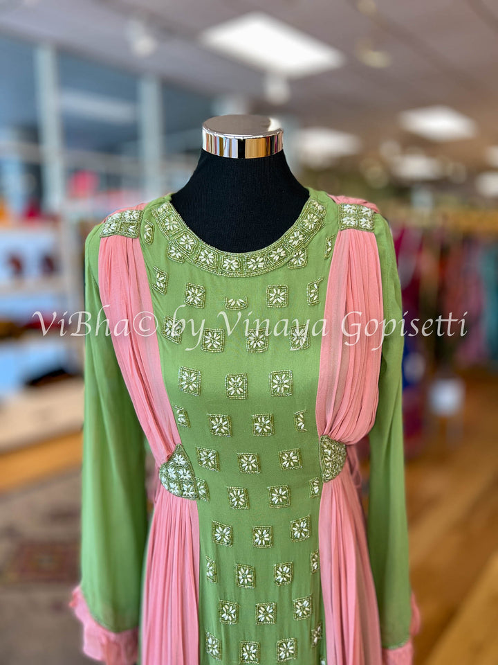 Parrot Green And Peach Sharara With Built in Dupatta