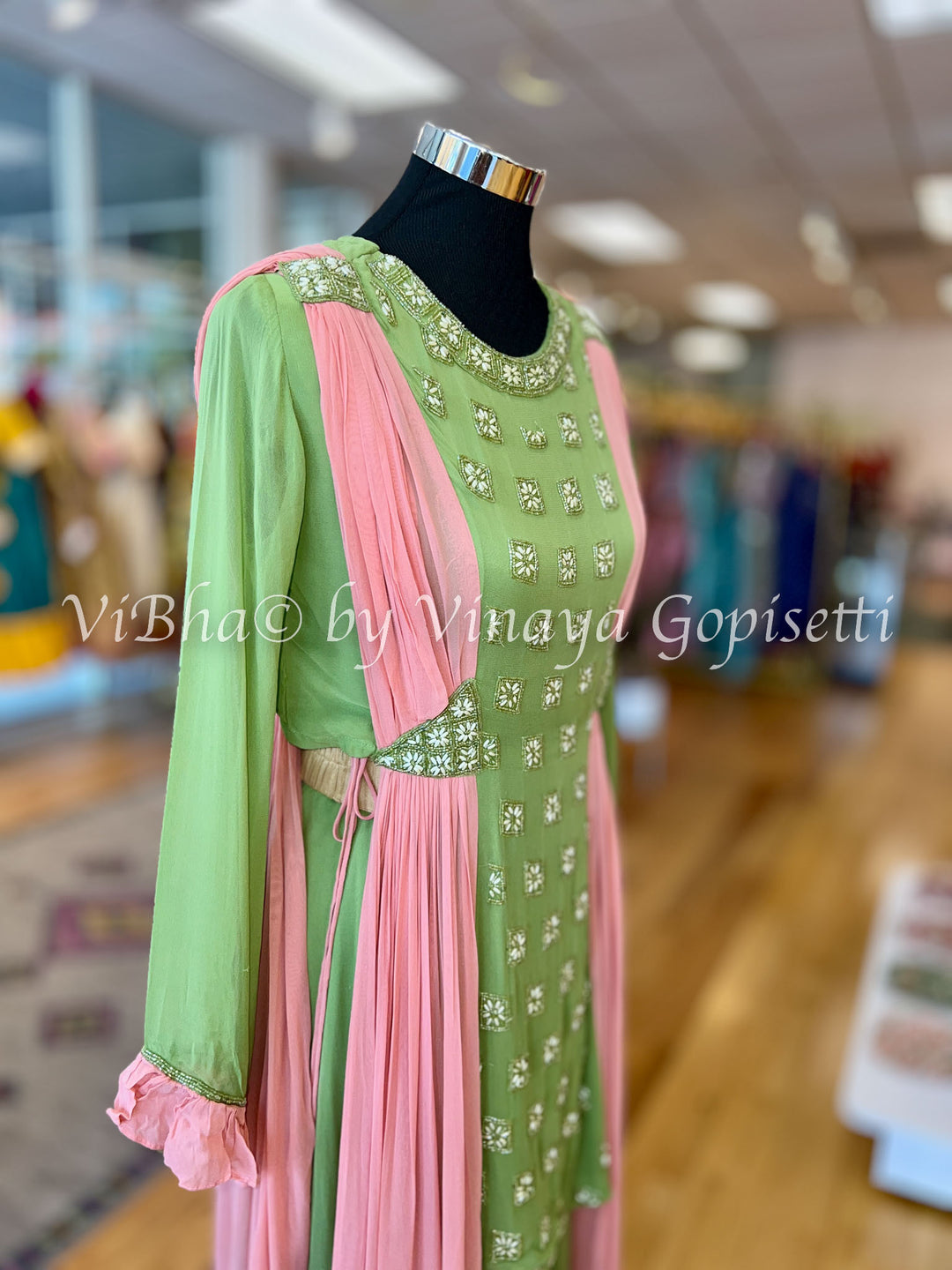 Parrot Green And Peach Sharara With Built in Dupatta