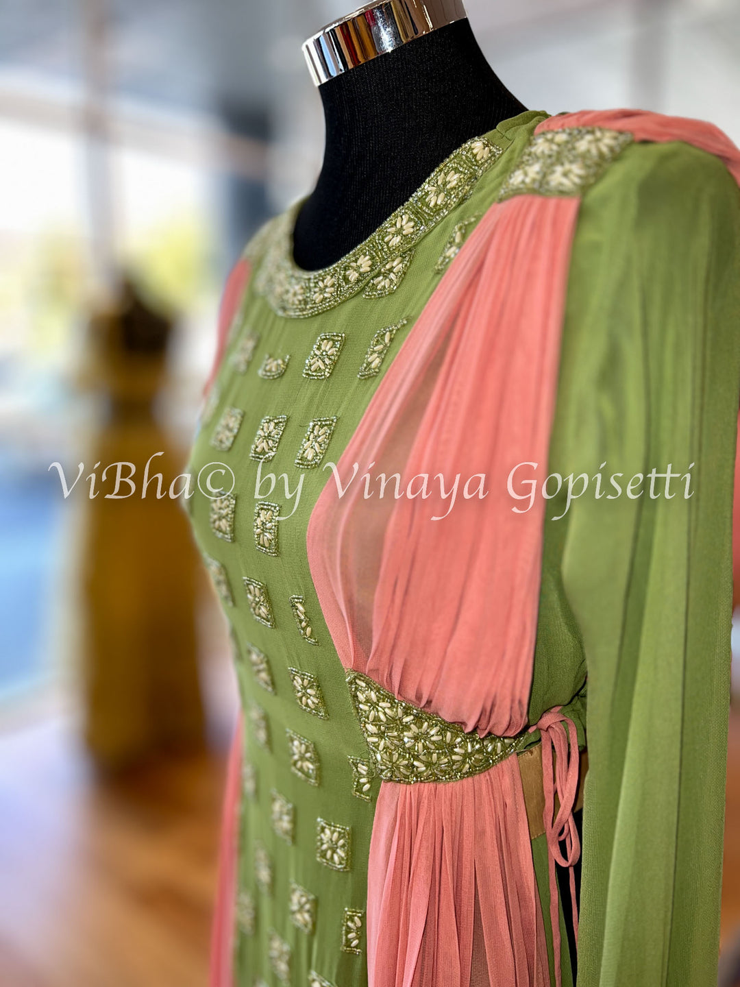 Parrot Green And Peach Sharara With Built in Dupatta