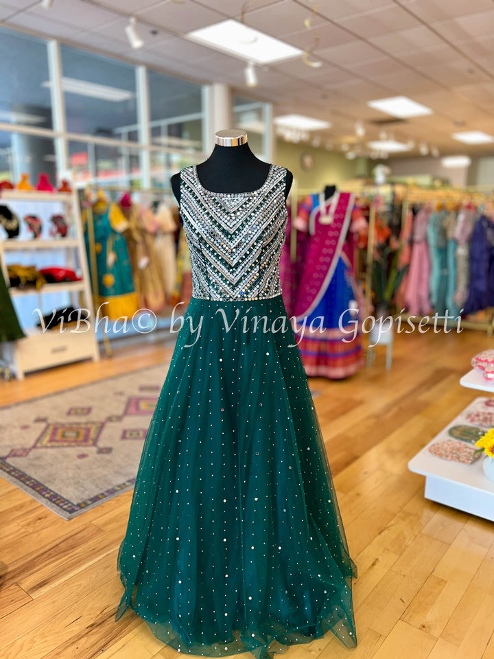 Bottle Green Mirror Work Floor Length Gown