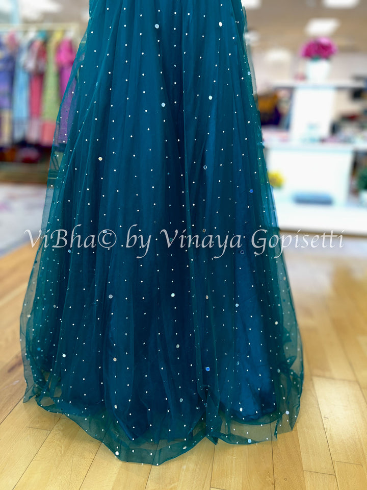 Bottle Green Mirror Work Floor Length Gown