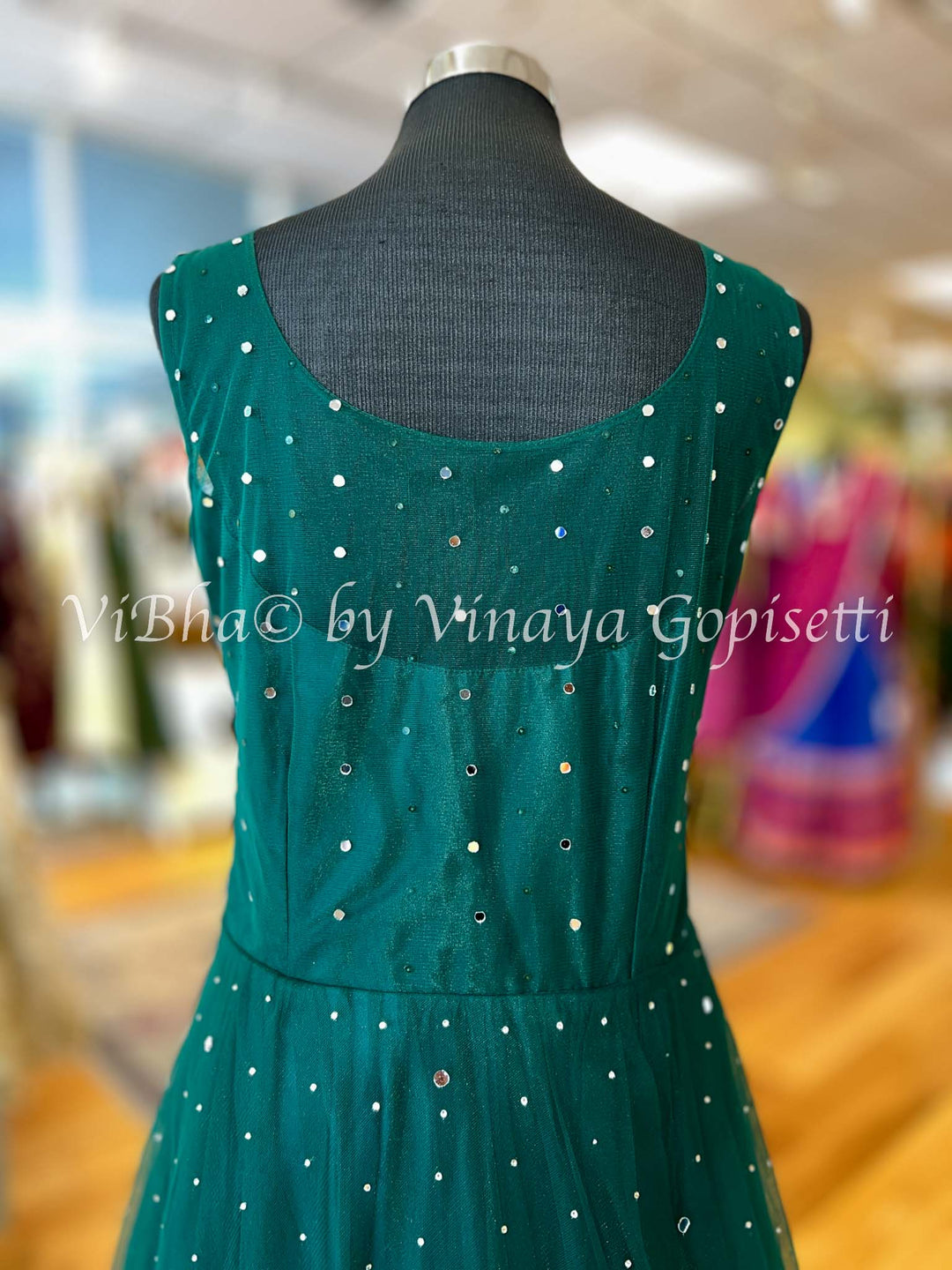 Bottle Green Mirror Work Floor Length Gown