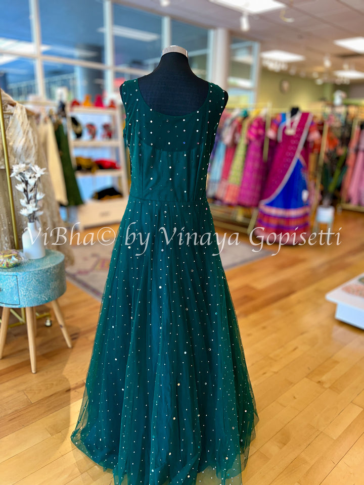 Bottle Green Mirror Work Floor Length Gown