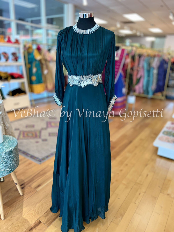 Dark Teal Floor Length Gown WIth Belt