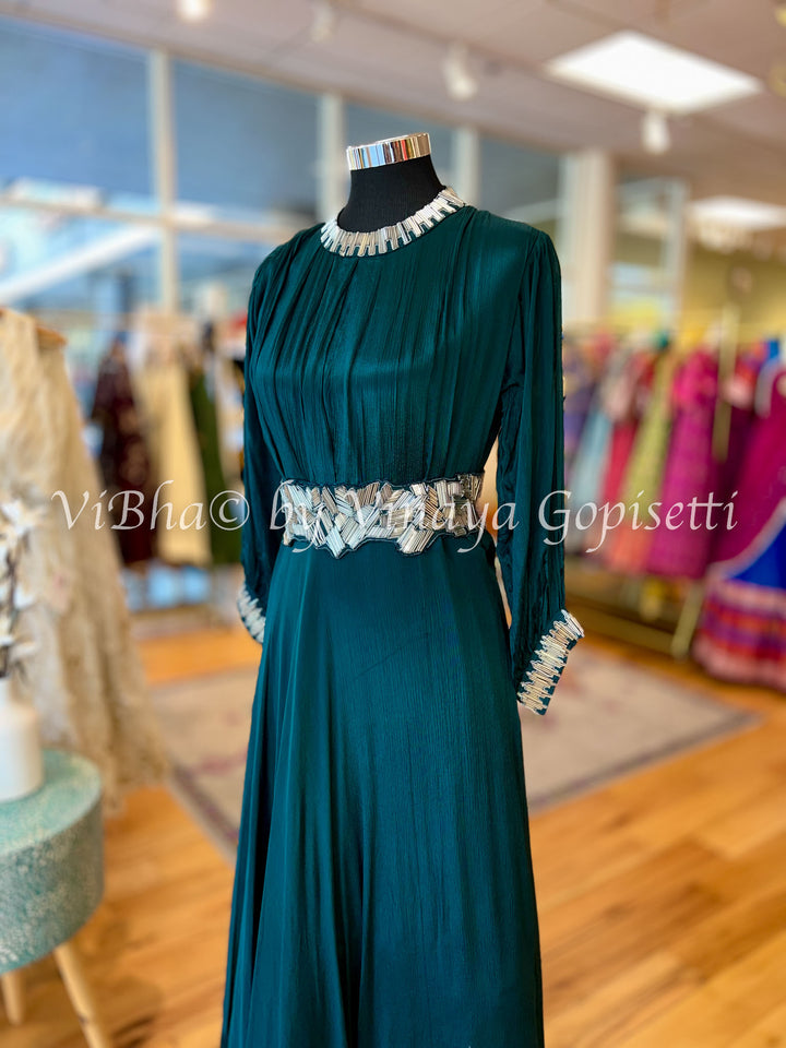 Dark Teal Floor Length Gown WIth Belt