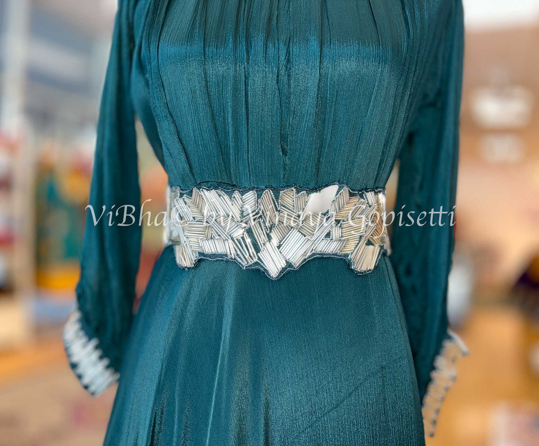 Dark Teal Floor Length Gown WIth Belt