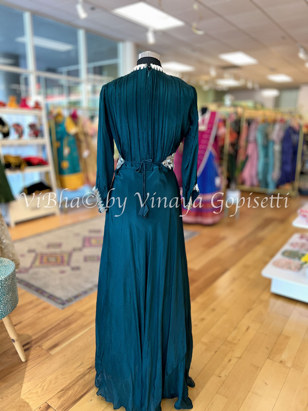 Dark Teal Floor Length Gown WIth Belt