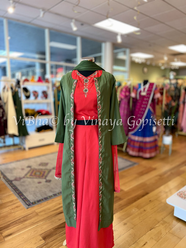 Orange and Green Jacket Style Sharara Set