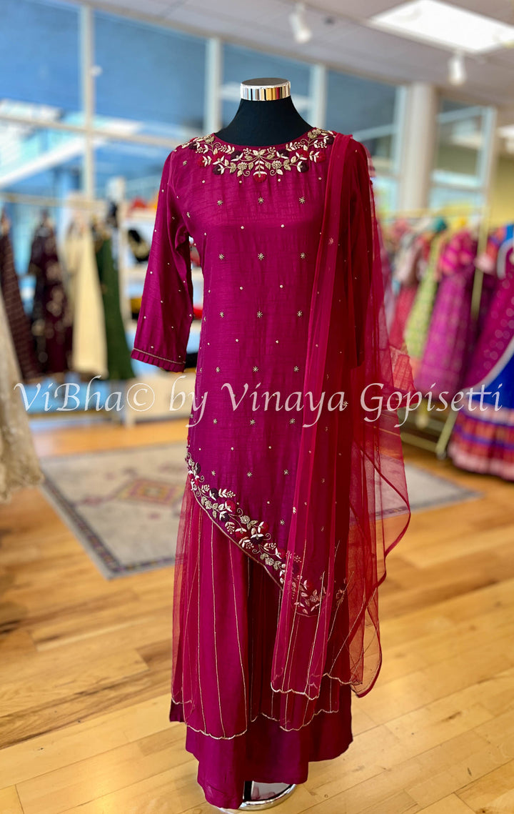 Dark Maroon Assymetrical Sharara Set