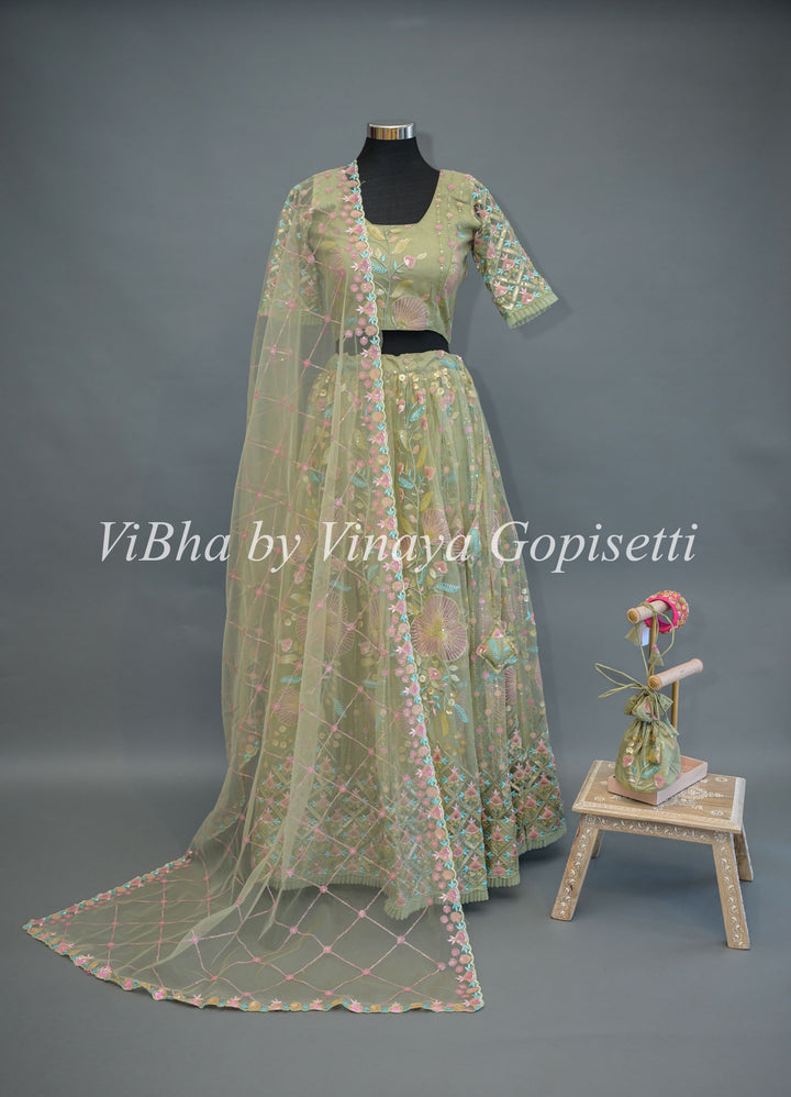 Pastel Greeen Net Embroidered Lehenga Set