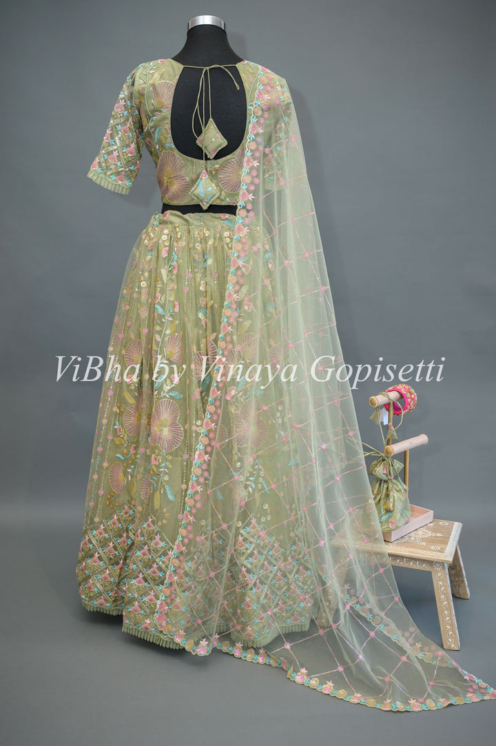 Pastel Greeen Net Embroidered Lehenga Set