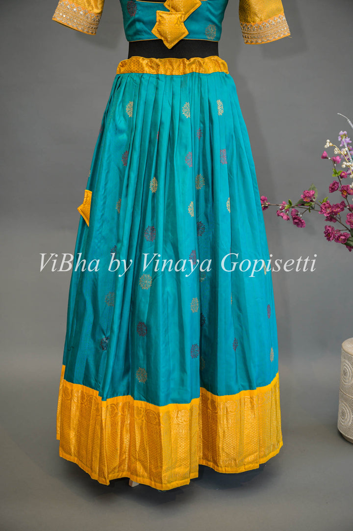 Teal Blue and Yellow Gadwal Silk Lehenga With Embroidered Borders And Yellow Embroidered Dupatta