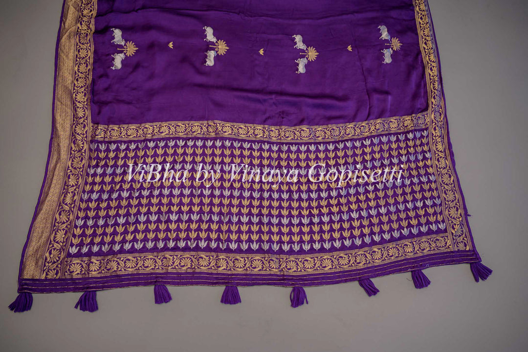 Purple Banarasi Silk Saree And Blouse With Pichwai Motifs