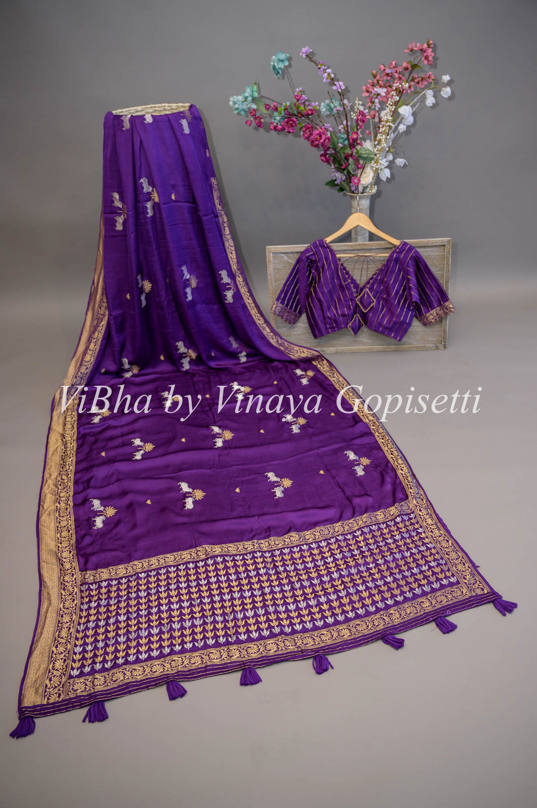 Purple Banarasi Silk Saree And Blouse With Pichwai Motifs